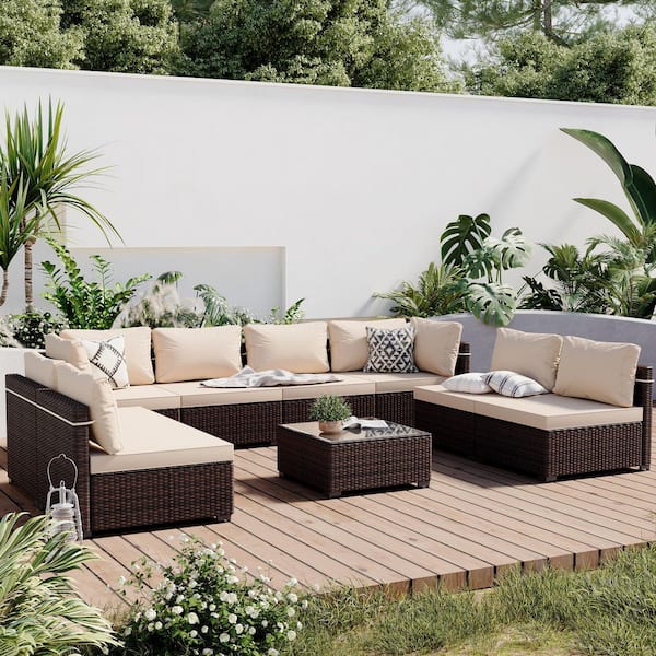 PATIOGUARDER 9-Piece Wicker Patio Conversation Seating Set with Beige Cushions and Coffee Table