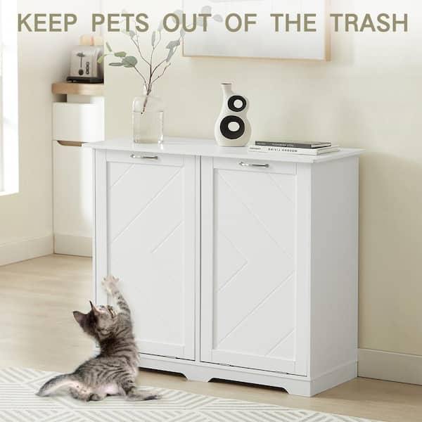 Kitchen Trash Bin Cabinet White MDF 14.96 in. Sideboard Dog Proof Garbage Can with 2 Wood Holders and Air Purification