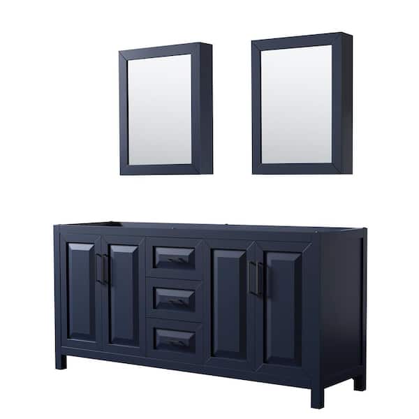 Wyndham Collection Daria 71 in. W x 21.5 in. D x 35 in. H Double Bath Vanity Cabinet without Top in Dark Blue with Med Cab Mirrors
