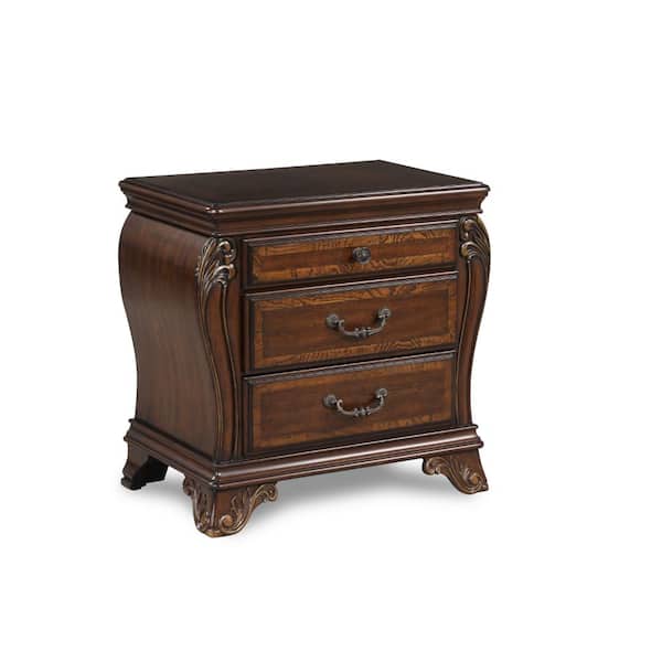 Benjara 30.12 in. Brown and Gold 3-Drawers Wooden Nightstand