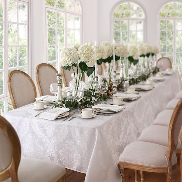 Barcelona Jacquard Damask Tablecloth, White - 60"W x 102"L