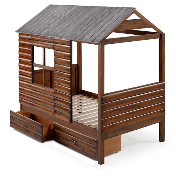 Donco Kids Log Cabin Rustic Walnut and Silver Twin Low Loft Bed with Dual Underbed Drawers