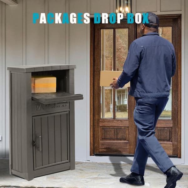 60 Gal. Gray Resin Lockable Deck Box for Outside, Anti-Theft Waterproof Parcel Drop Boxes Outdoor Package Delivery