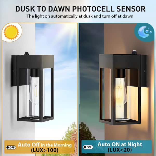 10.2 in. Black Dusk to Dawn Modern Porch Lights Outdoor Hardwired Wall Lantern Sconce with No Bulbs Included (1-Pack)