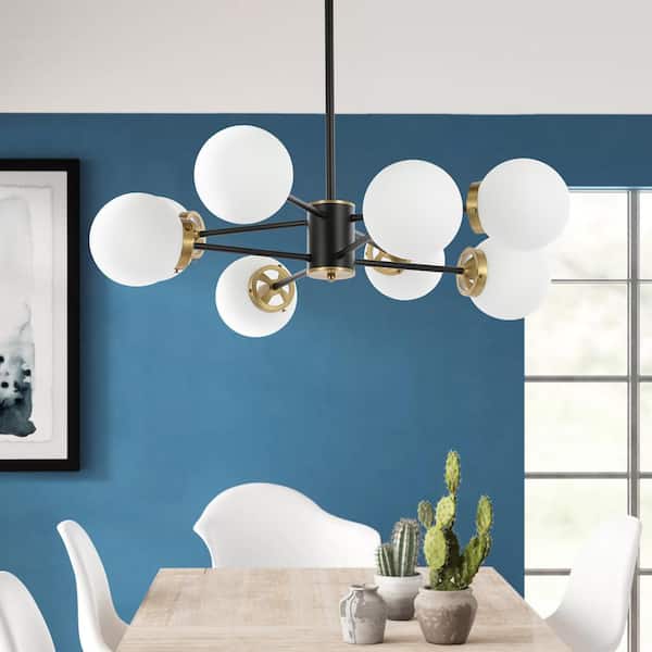 8-Light Black Sputnik Chandelier with White Glass Shades
