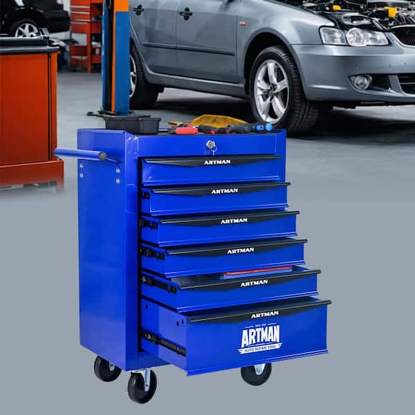 13 in. W 6 Drawer Rolling Metal Black and Blue Tool Carts with Ball Bearing Drawer Slides and Steel Tool Storage Box