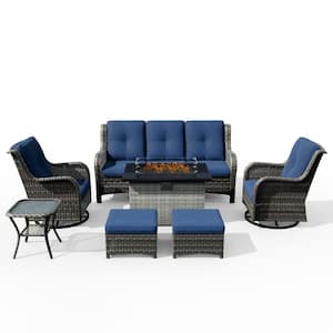 7-Piece PE Rattan Wicker Patio Conversation Set Outdoor Chairs and Fire Pit with Blue Cushion