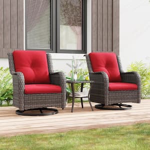 3-Piece Wicker Swivel Outdoor Rocking Chairs Patio Conversation Set with Red Cushions