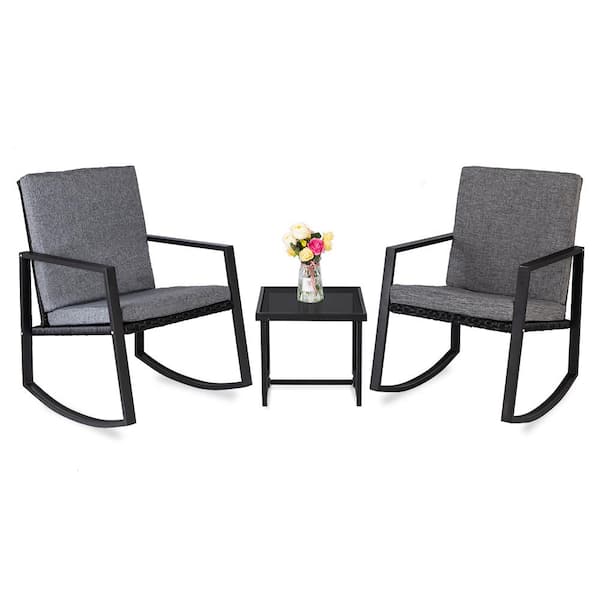 Karl home Black 3-Piece Wicker Outdoor Bistro Set Rocking Chairs with Washed Grey Cushion