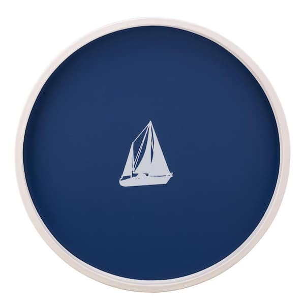 PASTIMES Sailboat 14 in. W x 1.3 in. H x 14 in. D Round Royal Blue Leatherette Serving Tray