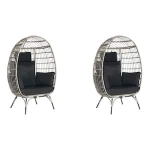 Oversized Outdoor Gray RatTan Egg Chair Patio Chaise Lounge Indoor Basket Chair with Black Cushion (2-Pieces)