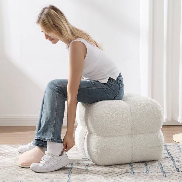 Oversized White Sherpa Upholstered Square Tufted Ottoman Modern