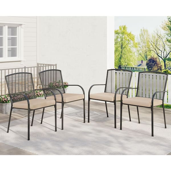 Metal Outdoor Patio Chairs (Set of 4) with Beige Cushions, Stackable Outside Dining Chairs with Armrests