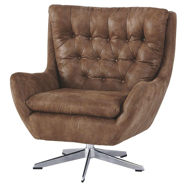 Benjara 38.5 in. H Brown and Silver Leatherette Accent Chair with Swivel Mechanism