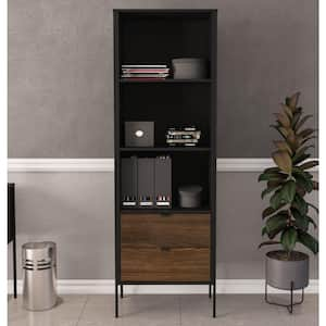 Mallorca 71 in. Tall Black and Walnut Wood 3-Shelf Bookcase with 2-Drawers