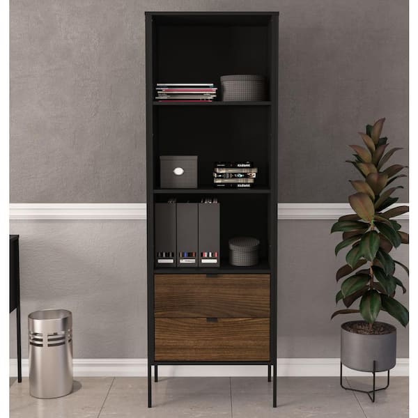 Polifurniture Mallorca 71 in. Tall Black and Walnut Wood 3-Shelf Bookcase with 2-Drawers