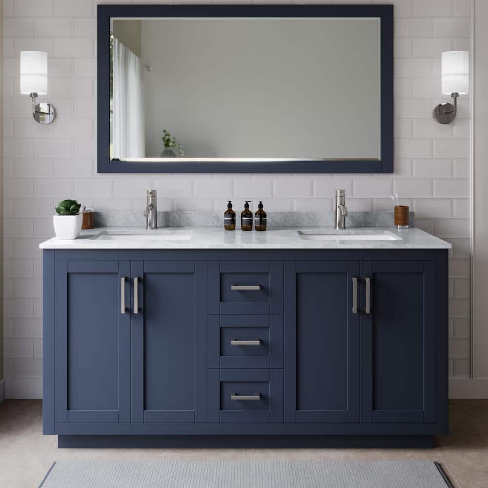 Miranda 66 in. W x 22 in. D x 33.75 in. H Double Sink Bath Vanity in Dark Blue with White Carrara Marble Top and Mirror price history on PriceWatchPro