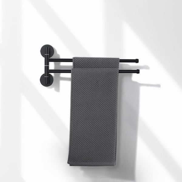 13 in. Wall Mounted Swivel 2-Arm Towel Bar Bath Hardware Accessory in Matte Black