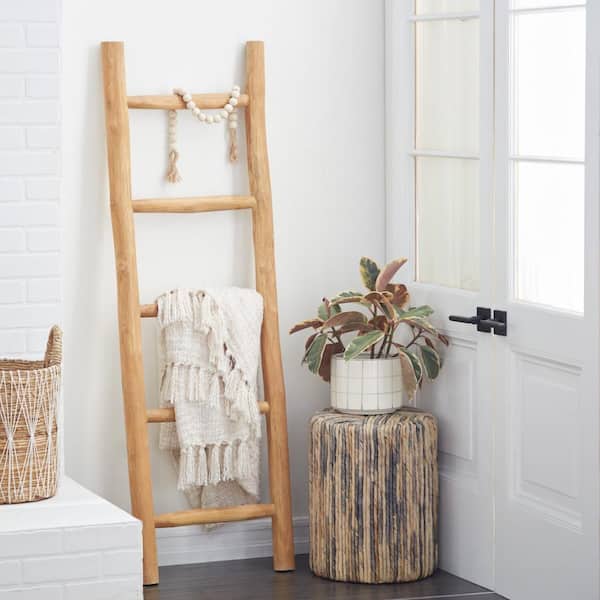 59 in. Brown Handmade Teak Wood Live Edge 5 Rung Ladder