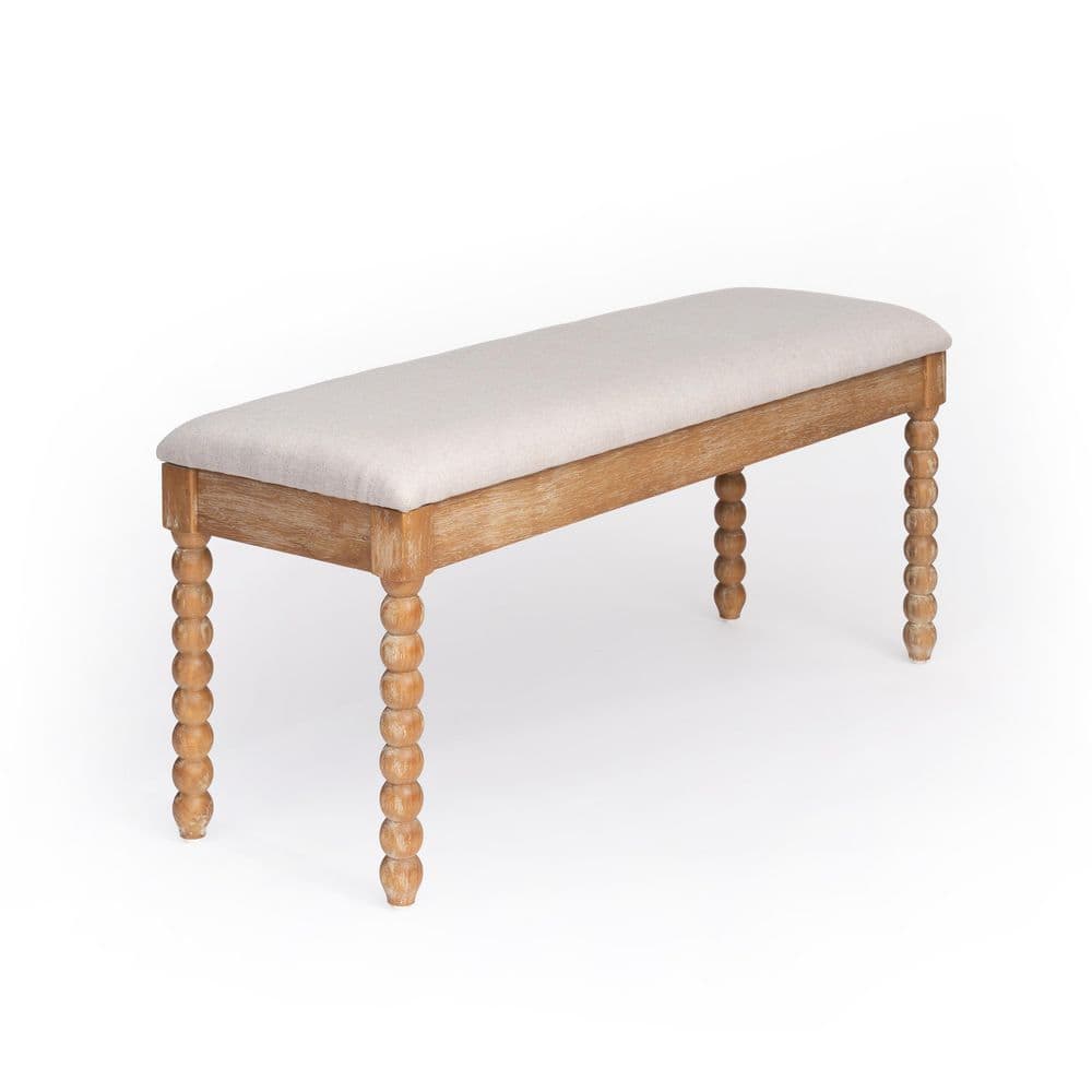 Farmhouse 48 in. Natural Wood and Beige Linen Upholstered Entryway Bench with Storage and Turned Spindle Legs