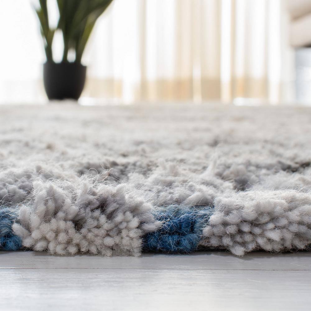 Grey and Olive Hand-Tufted Wool Moroccan Shag Runner Rug