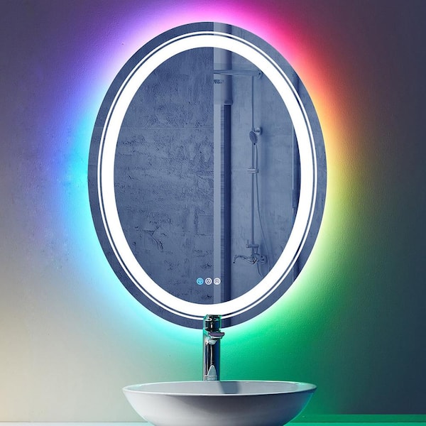 KIOTEE 24 in. W x 32 in. H Oval Frameless LED Frontlet, Backlit Anti-Fog Tempered Glass Wall Bathroom Vanity Mirror in RGB
