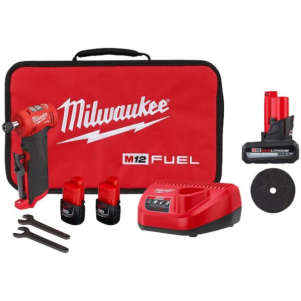 Milwaukee M12 FUEL 12V Lithium Ion Cordless 1 4 in. Right Angle Die Grinder Kit w 5.0 HO Battery and Metal Cut Off Wheels 5 Pack 2485 22 48 11 2450 49 94 2000 The Home Depot