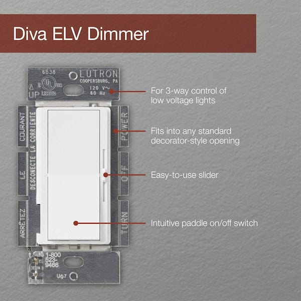 White Lutron DVELV-303P-WH 300-Watt Diva Electronic Low Voltage 3-Way Dimmer