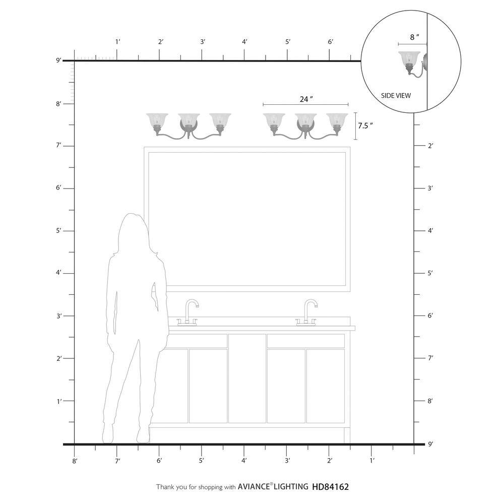 Moreland Transitional 3-Light Vanity Sconce in Black with Hand Blown Glass