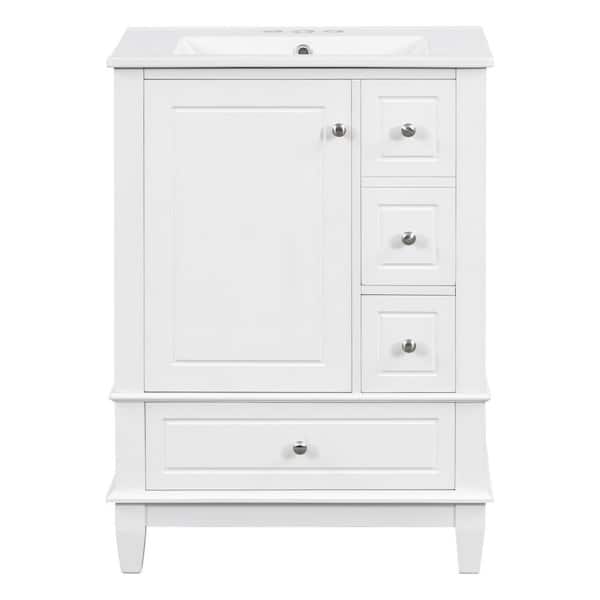 24 in. Freestanding White Bath Vanity with White Ceramic Top 3 Drawers and Storage Shelves