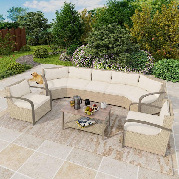 6-Piece Rattan Wicker Outdoor Sectional Set Curved Conversation Set with Beige Cushions