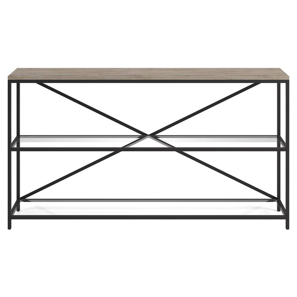 Fionn Blackened Bronze & Antiqued Gray Oak 55" Console Table with Glass Shelves