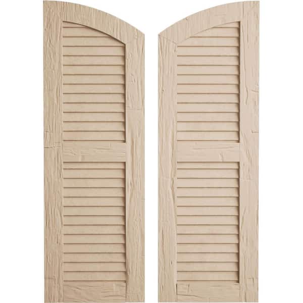 Ekena Millwork 15" x 82" Timberthane Polyurethane Hand Hewn 2-Equal Louvered with Elliptical Top Faux Wood Shutters Pair in Primed