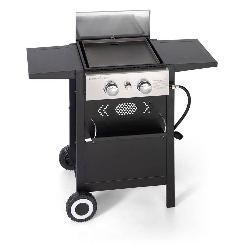 Phi Villa 3-Burner Propane GAS Griddle in Black with Hard Cover Hood and Propane Adapter Hose in 2-Size