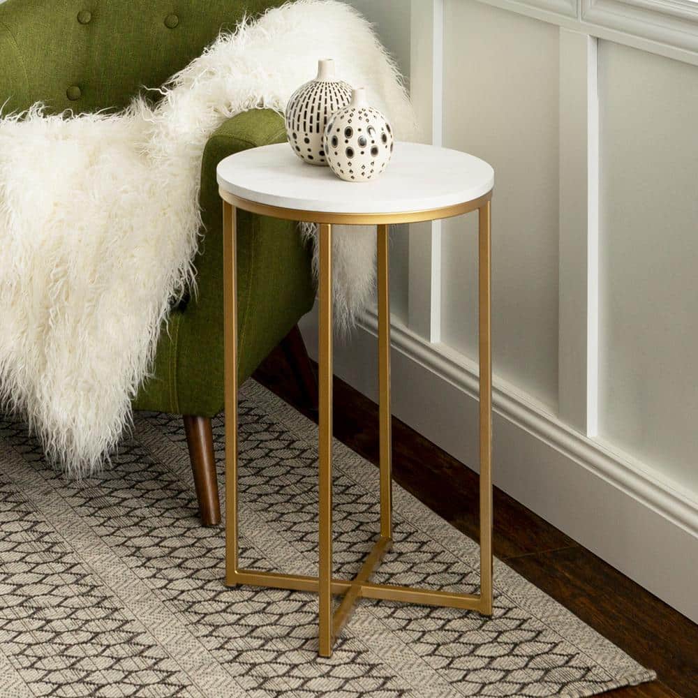 16" White Faux Marble and Gold Round End Table