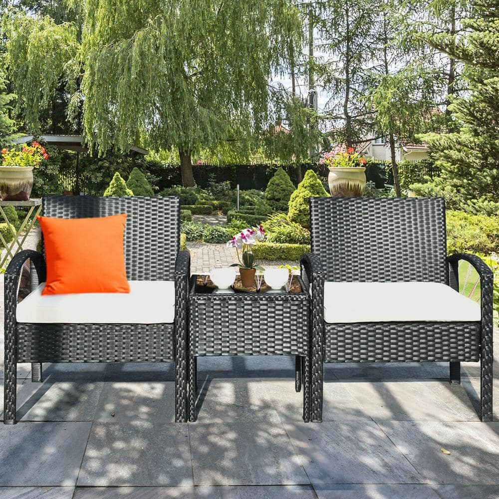 3-Piece PE Rattan Patio Conversation Set with White Cushions