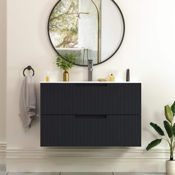 FUNKOL 18.25 in. W x 29.75 in. D x 19.25 in. H-1 Sink Wall Mounted Bath Vanity in Black with White Ceramic Top and 2-Drawers