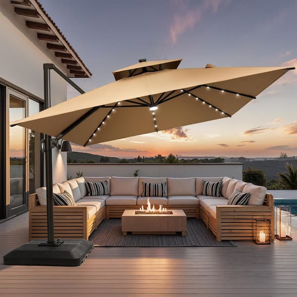 cantilever led patio umbrella in rust color Pellebant 9 ft. x 11.5 ft. Solar LED Lighted 2-Tier Aluminum 360° Rotation Patio Cantilever Umbrella in Tan with 350 lbs. Base