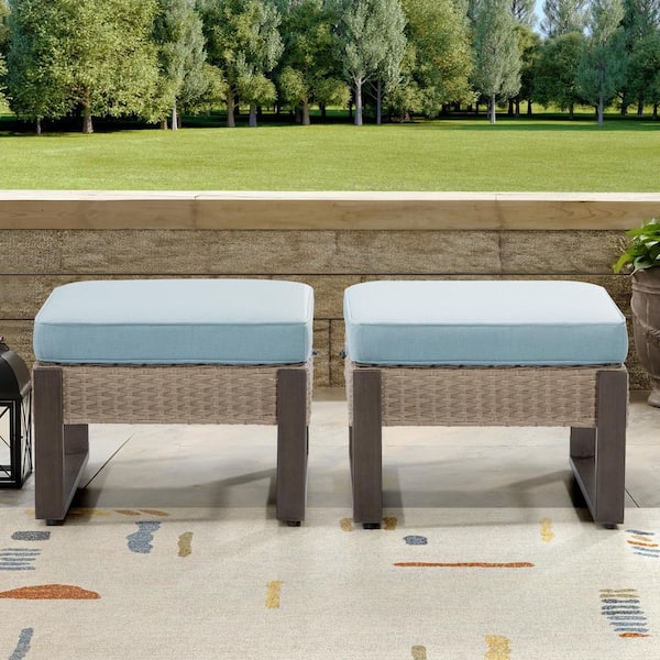 Wicker Outdoor Patio Ottoman with Steel Frame and Baby Blue Cushion (Set of 2)