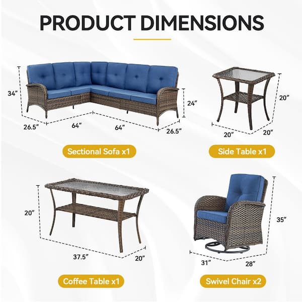 6-Piece Brown Wicker Outdoor Sectional Set with Olefin Blue Cushions and L-Shaped Sofa/Swivel Glider Chairs