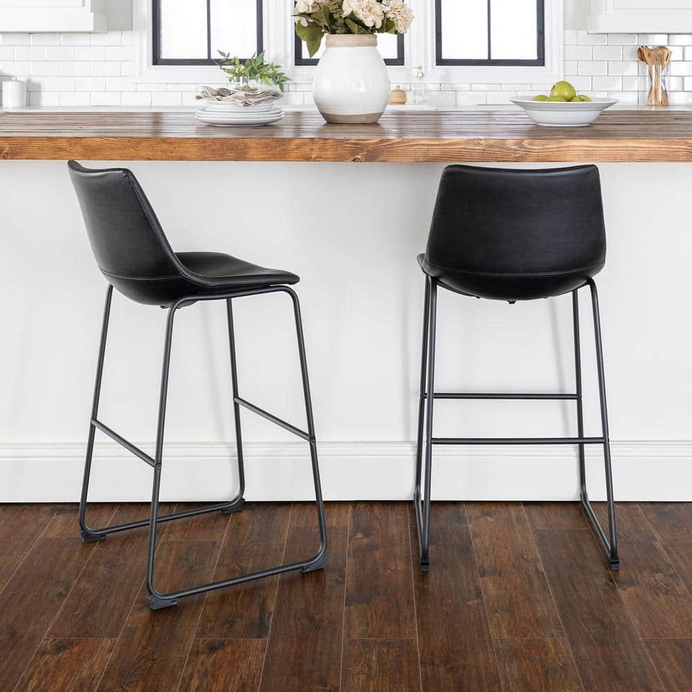 Modern Sleek Black Faux Leather Barstools with Powder-Coated Steel Legs