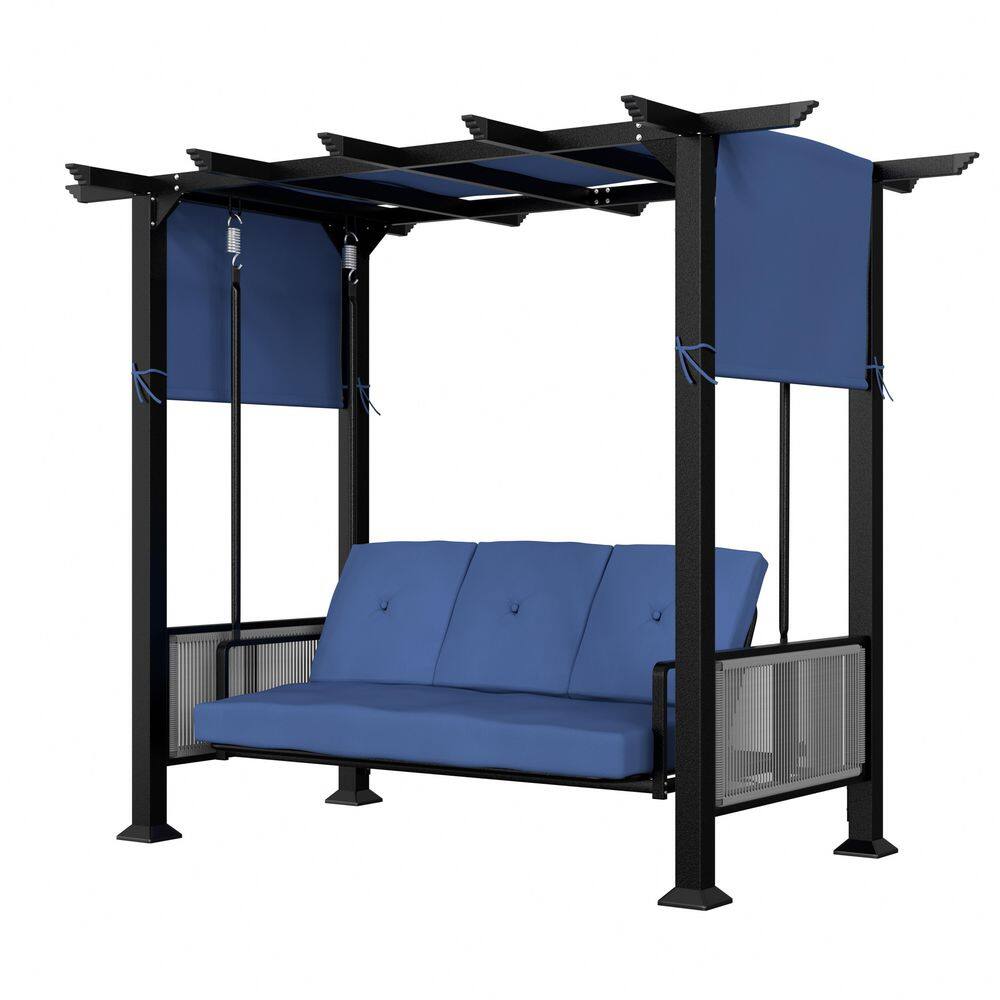 Outdoor Metal Porch Swing Chair with Cushion in Navy Blue