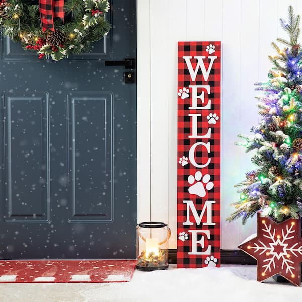 Glitzhome 42 in. H Wooden Plaid Pet Welcome Porch Sign