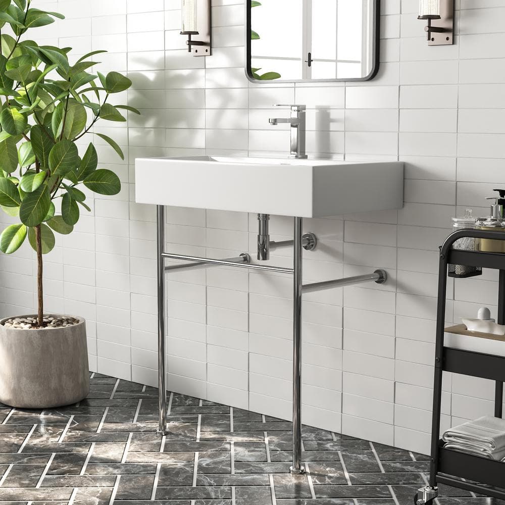 Rectangular 30 Inch White Ceramic Console Sink with Silver Legs