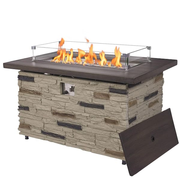 Wildaven 43 in. Buff Propane Stone Fire Pit Table, 50000 BTU Firepit Table for Outside with Glass Wind Guard Lid Fire Glass Beads