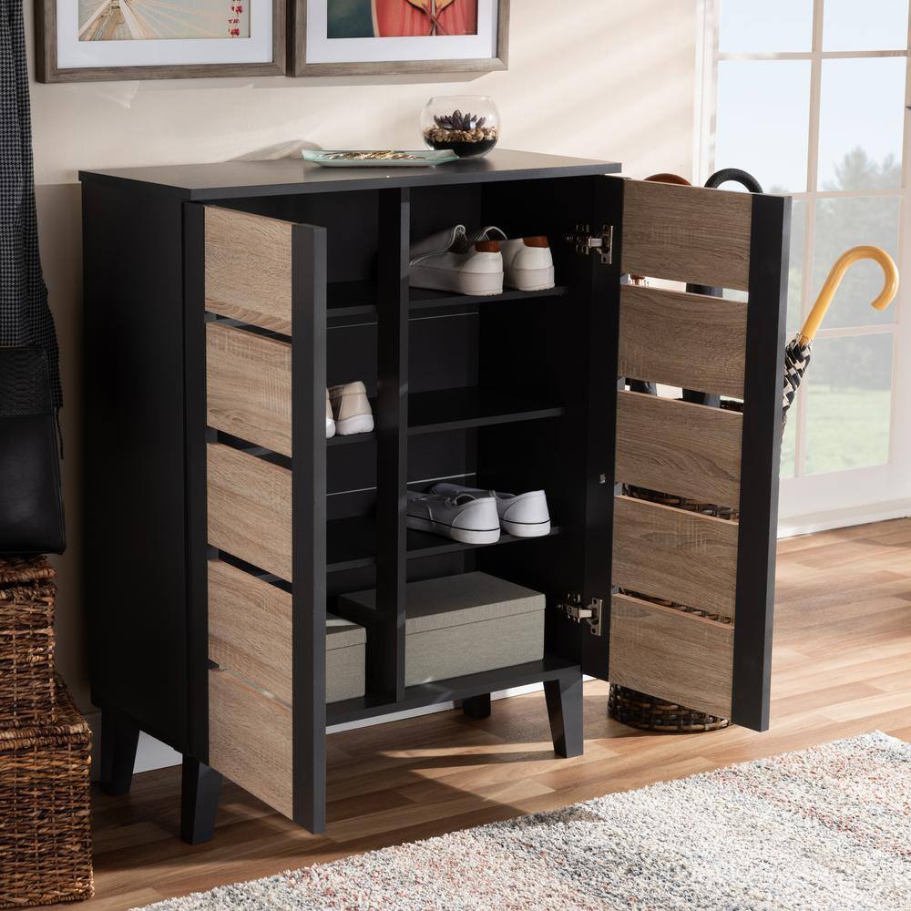 Two-Tone Oak and Dark Gray Wood Shoe Storage Cabinet