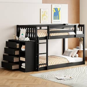 Espresso Twin over Twin Wood Frame Bunk Bed with Cabinet Including 4 Drawers and 3 Shelves, Built-in Ladder