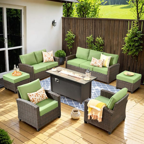 Toject Palermo Brown 7-Piece Wicker Outdoor Modular Patio Furniture Sofa Set with Metal Fire Pit and Green Cushions
