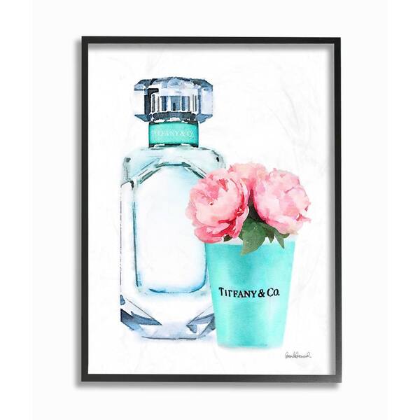 Stupell Industries 16 in. x 20 in. "Teal Blue Perfume Bottle and Pink Peonies" by Artist Amanda Greenwood Framed Wall Art