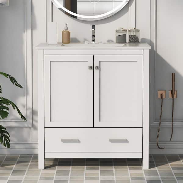 30 in. Multifunctional Single Sink Freestanding White Solid Wood Frame Bath Vanity with White Ceramic Top